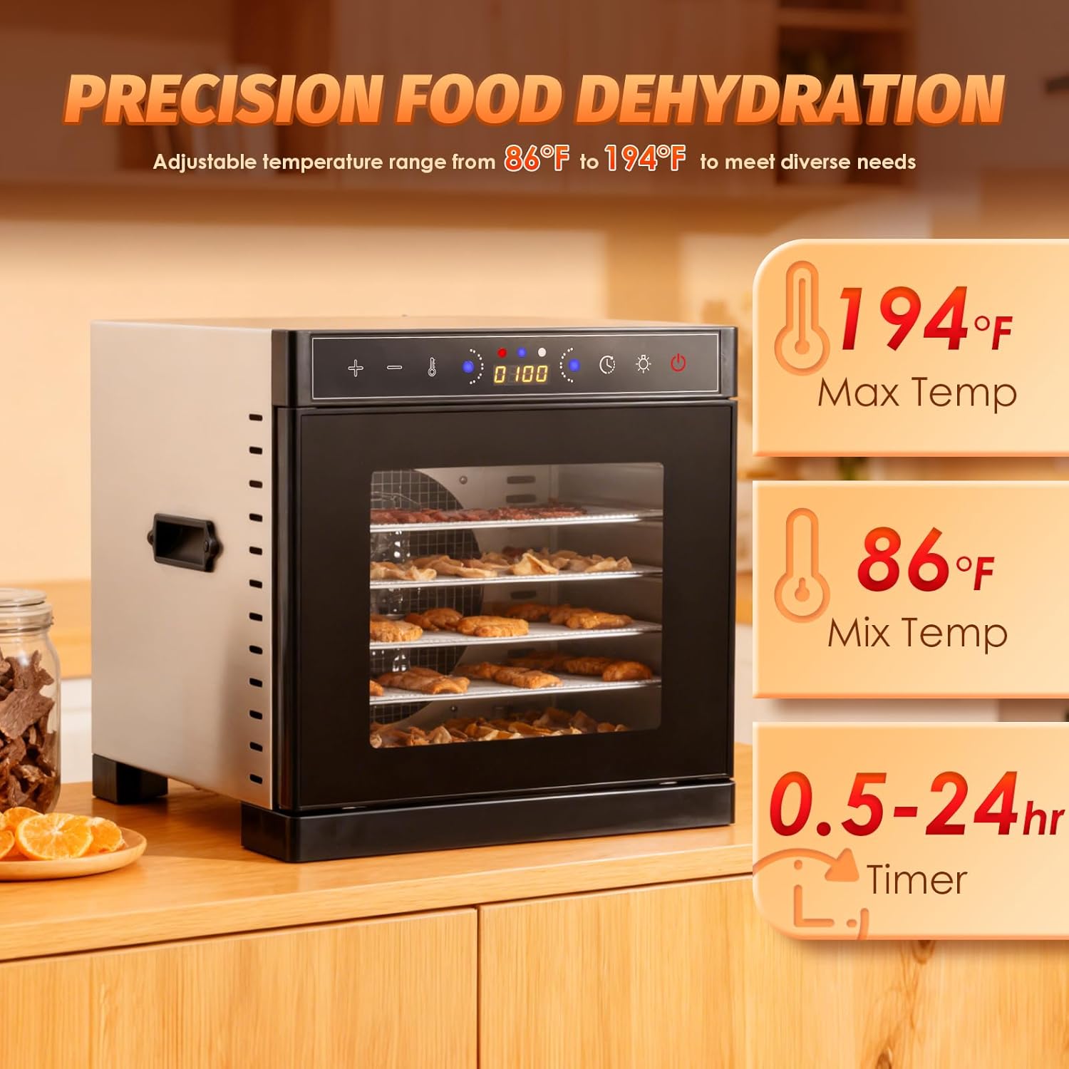 Food Dehydrator Machine 6 Stainless Steel Trays with 194°F Max Digital Contral, 400W Electric Food Dryer with Dual-View Windows Design, Fruit& Meat Dehydrator for Jerky Vegetables Dog Treats
