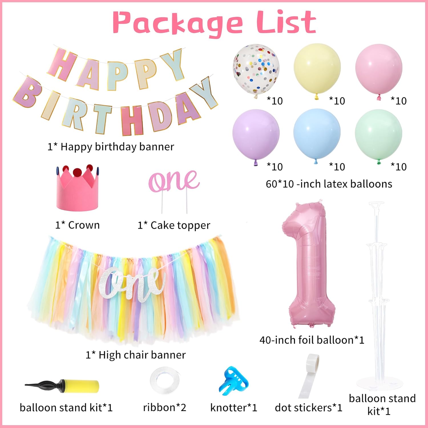 First 1st Birthday Decorations for Girl Rainbow One High Chair Banner - Princess Sweet One Birthday Party Decorations with 60PCS Macaron Pastel Balloons, Banner, Number 1 Balloon, One Cake Topper, Hat