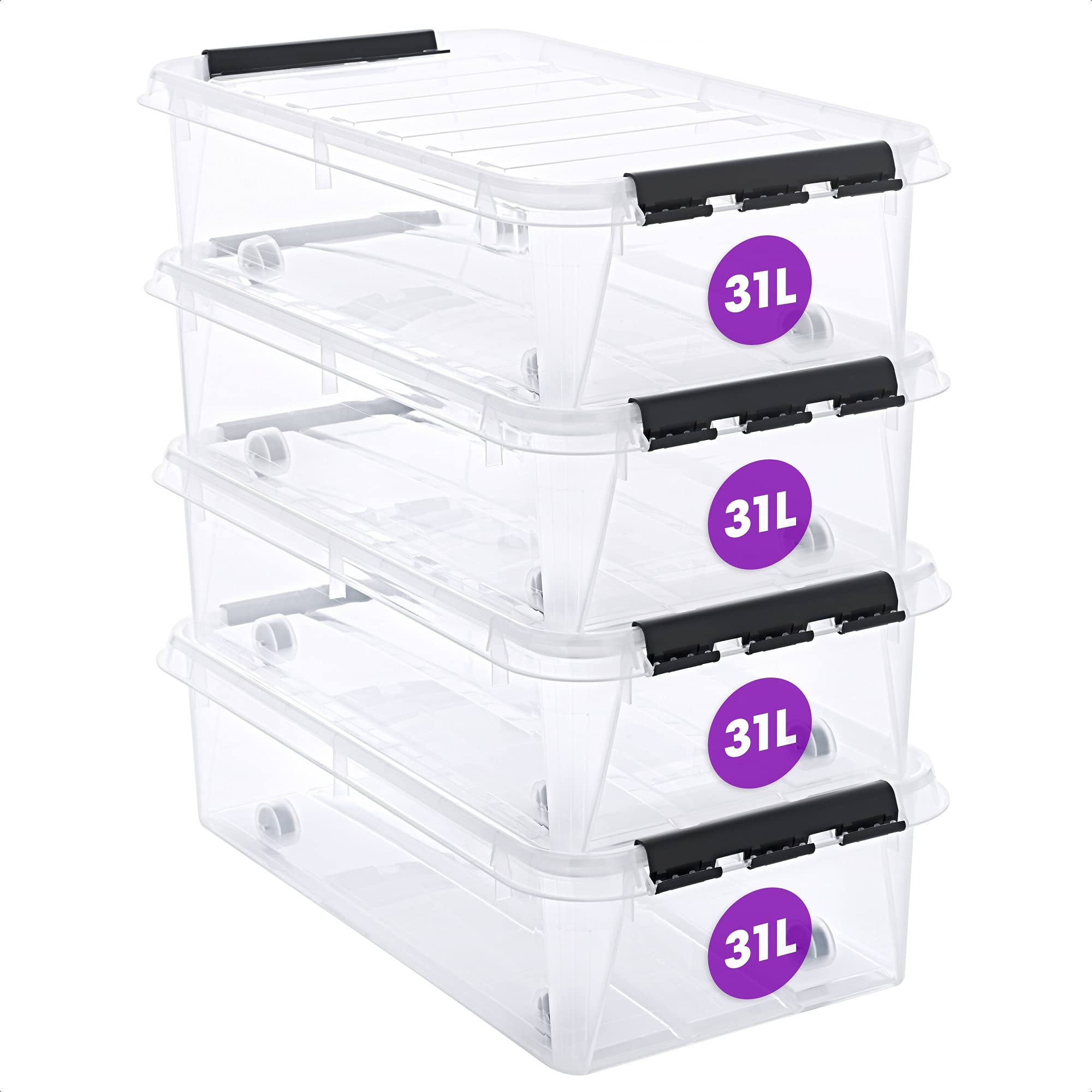 SmartStoreUnderbed Storage Box with Lid, 31 Litre, 4 Pack, Reinforced, Large, Clear, Clip Closure, Stackable, BPA-Free Plastic, 72 x 40 x 19 cm (L x W x H)
