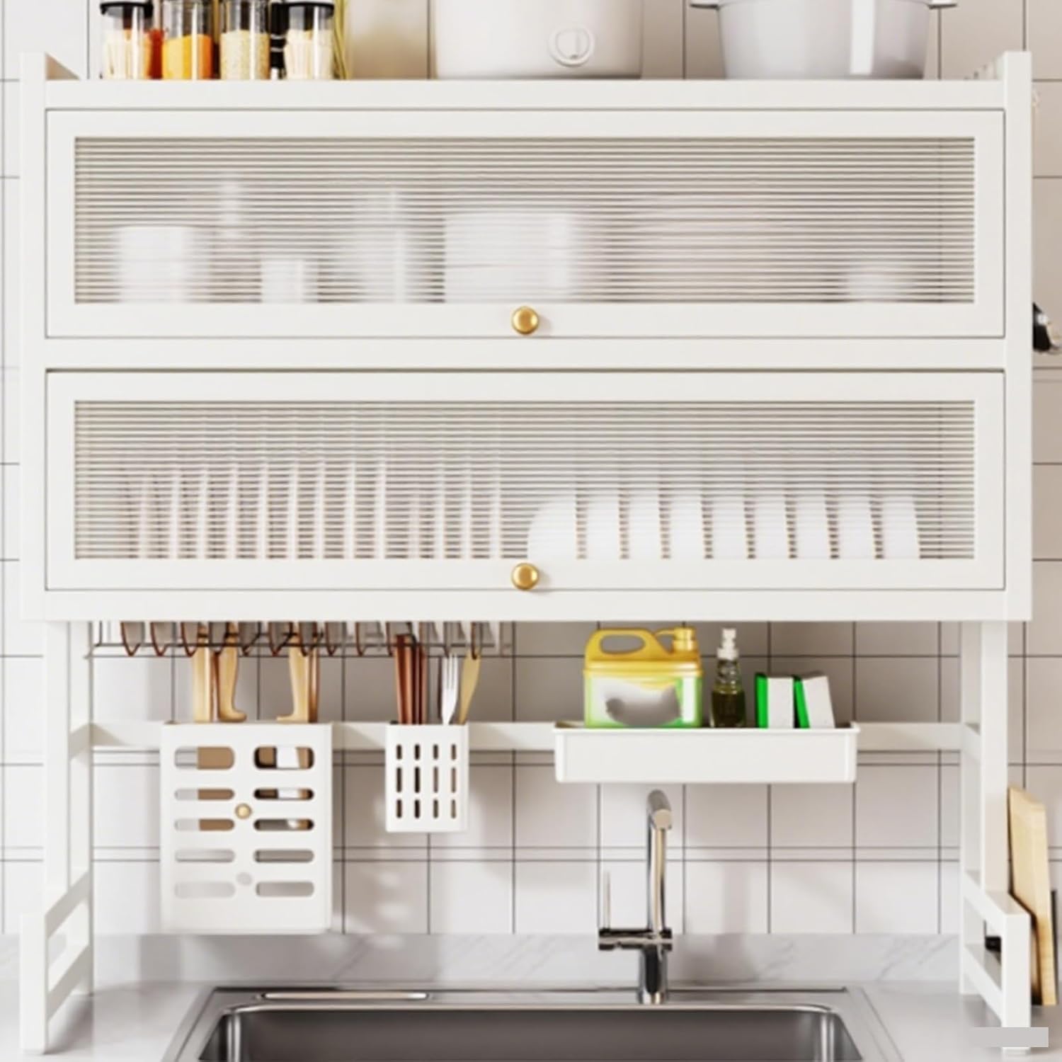Double-Layer Dish Rack Kitchen Above The Sink Dish Drain Multi-Layer Dish countertop Multi-Function Storage Drain Board Drying kit(White,85cm/33.5in)