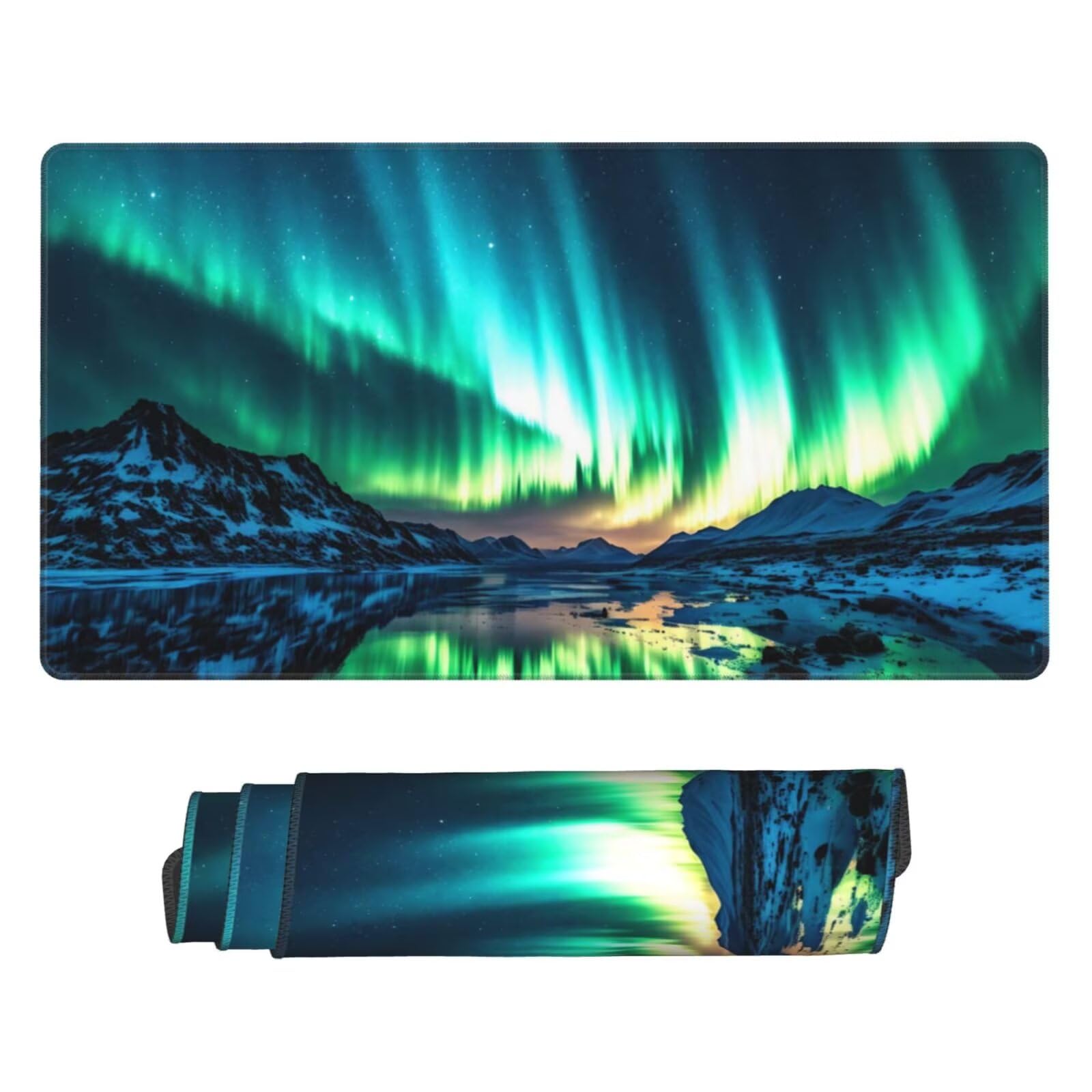 Gamingowa podkładka pod mysz XXL 1200 x 600 mm, Aurora podkładka pod mysz, jezioro, duża, 120 x 60 cm, rozszerzona podkładka na biurko, akcesoria gamingowe z przyszytymi krawędziami dla poprawy