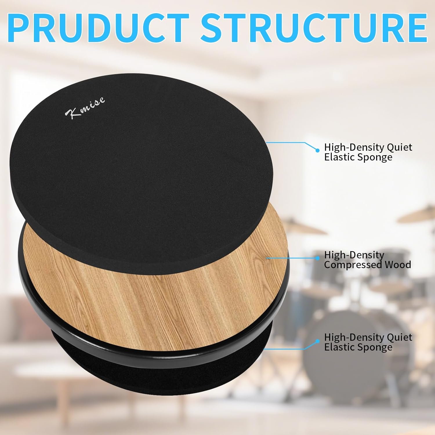 Kmise Quiet Portable Drum Practice Pad with Drum Sticks,11-Inch Lightweight and Compact Silent Drum Pad for Practice at Home,Travel,Studio,Perfect Snare Drum Practice Pad Kit for All-ages Drummers