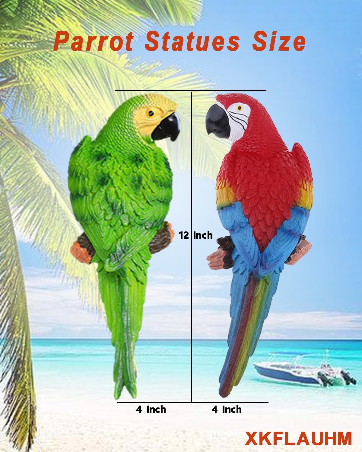 2Pcs Large Parrot Decor Outdoor Tiki Bar Decorations Realistic Parrot Statues for Pool Hawaiian Tropical Decor, 12.5" Lifelike Fake Macaw Sculptures for Palm Tree Jungle Garden Patio Yard(Green, Red)
