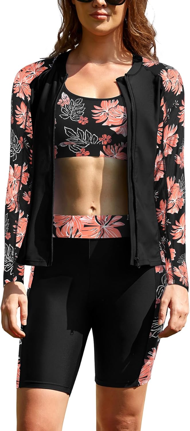 SHEKINI Women's 3 Piece Long Sleeve Zip Up Rash Guard Swimsuit with Boyshorts & Sports Bikini Top