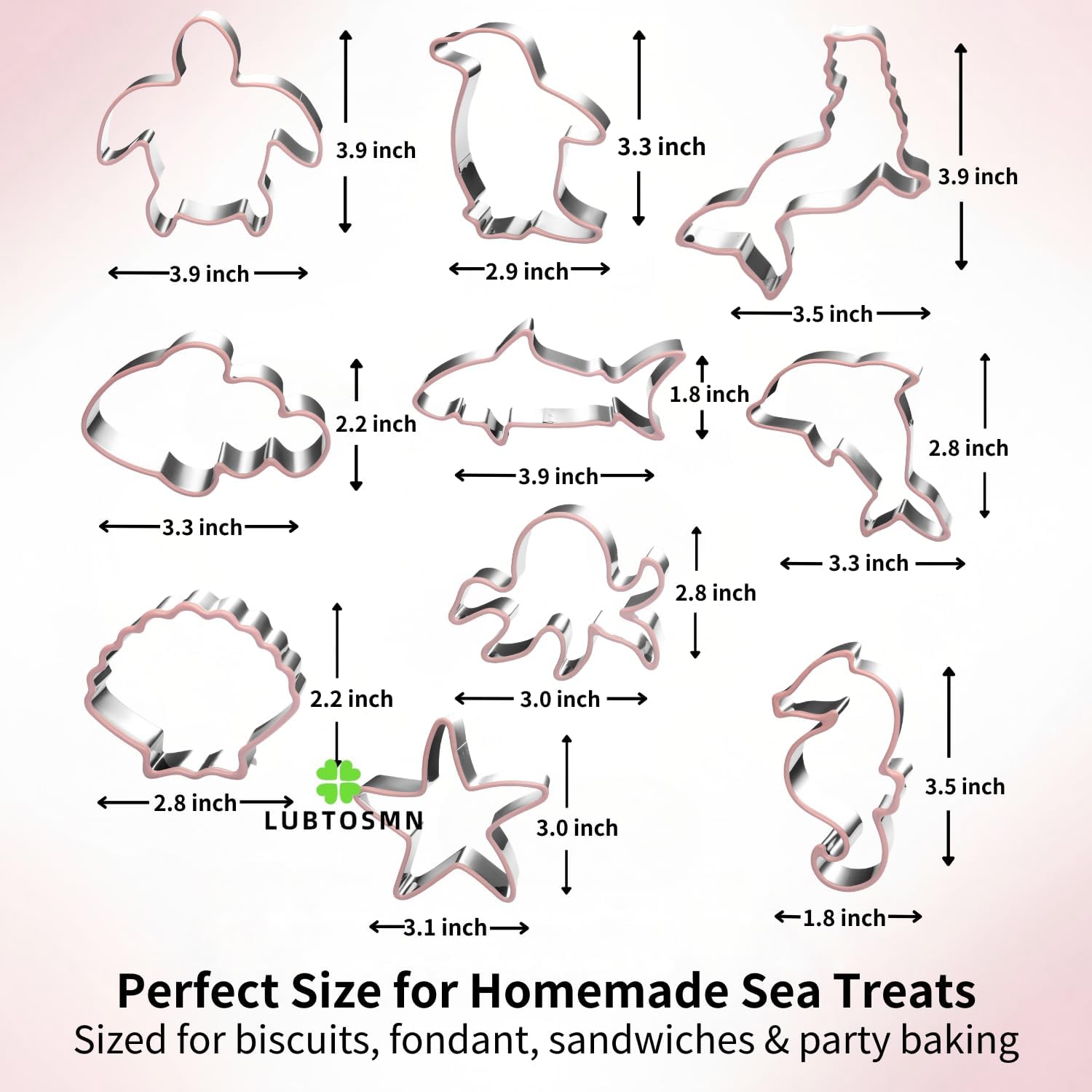 LUBTOSMN 10 Piece Under the Sea Cookie Cutters Set, Silicone Rim Baking Set | Dishwasher-safe stainless steel cutters for cookies, fondant, sandwiches, under the sea parties and home baking treats.