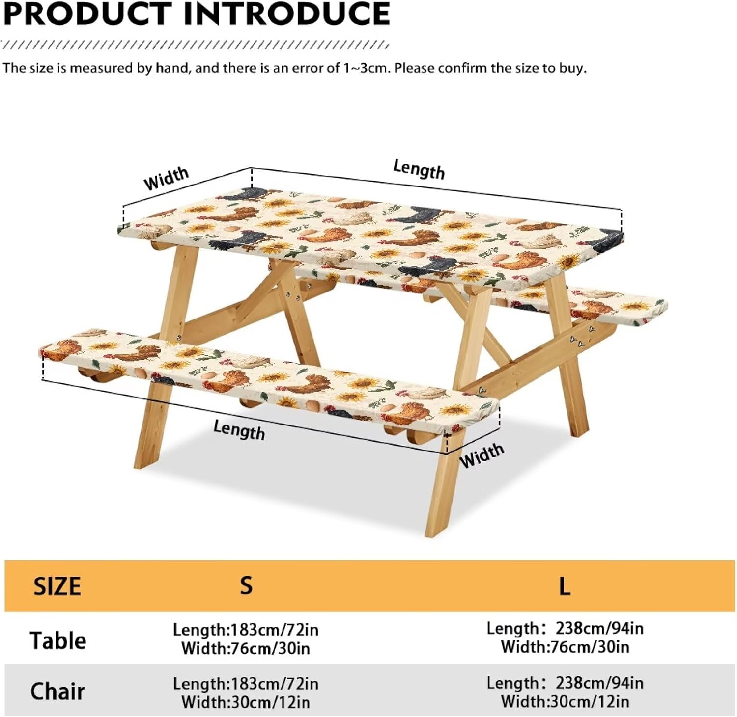 Rooster Sunflower Picnic Tablecloth with Bench Covers – 3 Pcs Waterproof Camping Essentials, Windproof Outdoor Table Cover with Elastic Hem for Autumn