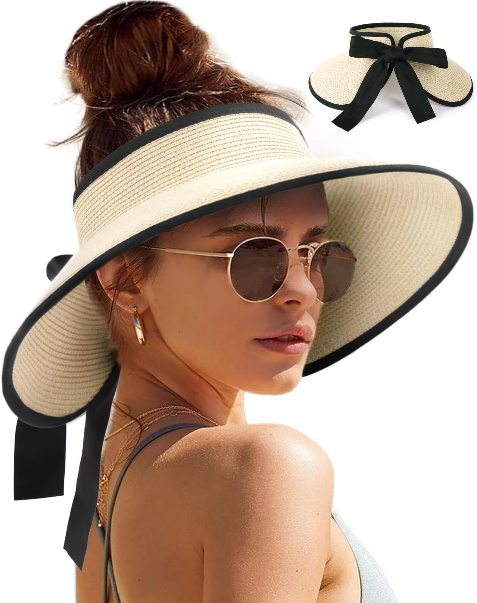 Sun Visors for Women Wide Brim Beach Hat Foldable Straw Visor Hat Ponytail Summer Packable UPF 50+