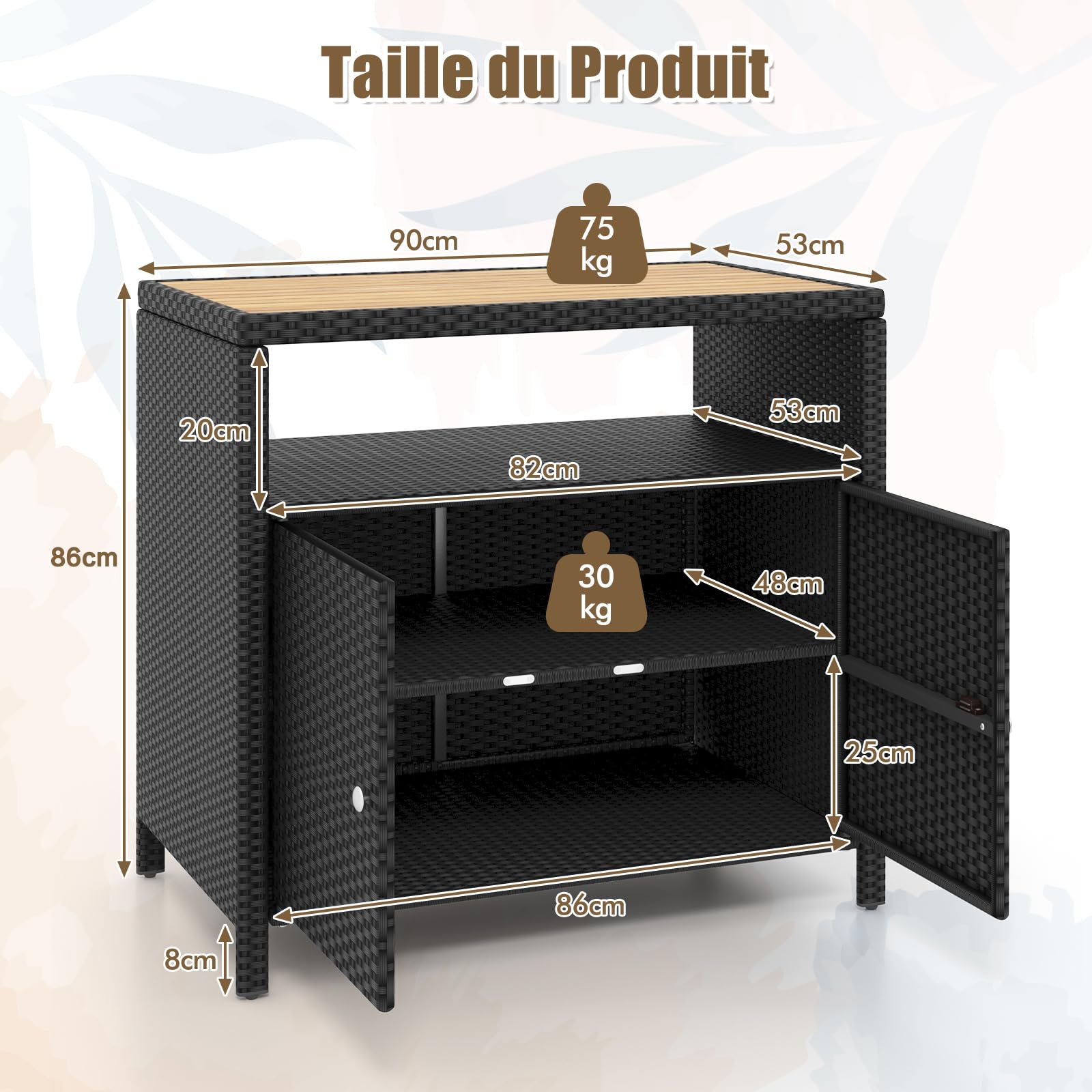 GYMAX Armoire Buffet Extérieur en Rotin, Meuble Rangement Étanche, Grand Plateau 90x53cm en Bois d'Acacia, pour Balcon Barbecue Cuisine Jardin (Brun)
