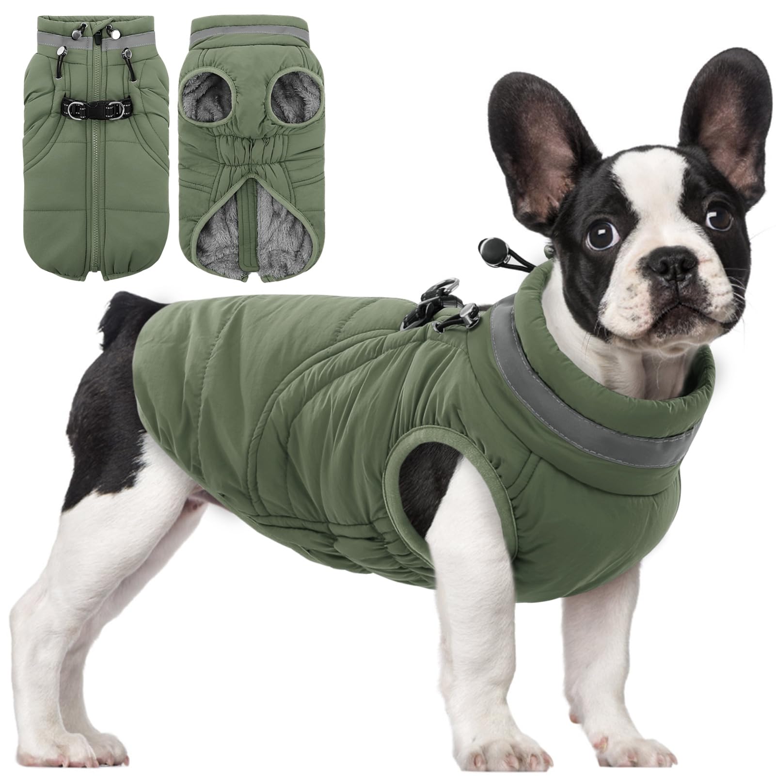 Windproof Waterproof Dog Coat, Reflective Dog Jacket with Built-in Harness, Fleece Lined Cold Weather Coat with Zipper for Winter, Cold Weather Outdoor Adventures(S,Green)