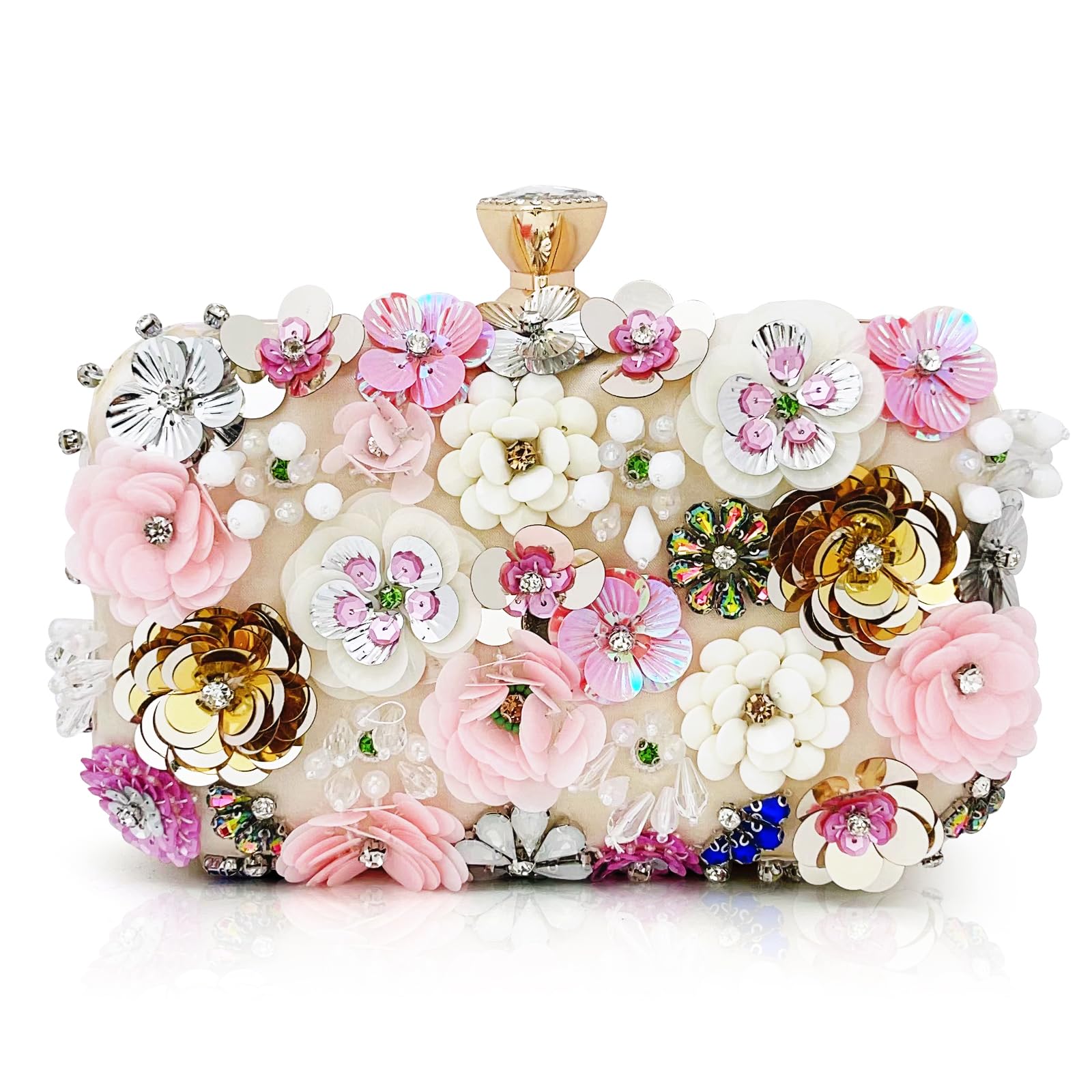 Women’s Floral Beaded flower Clutch Evening Handbag with Chain Strap for Formal Occasions (apricot)
