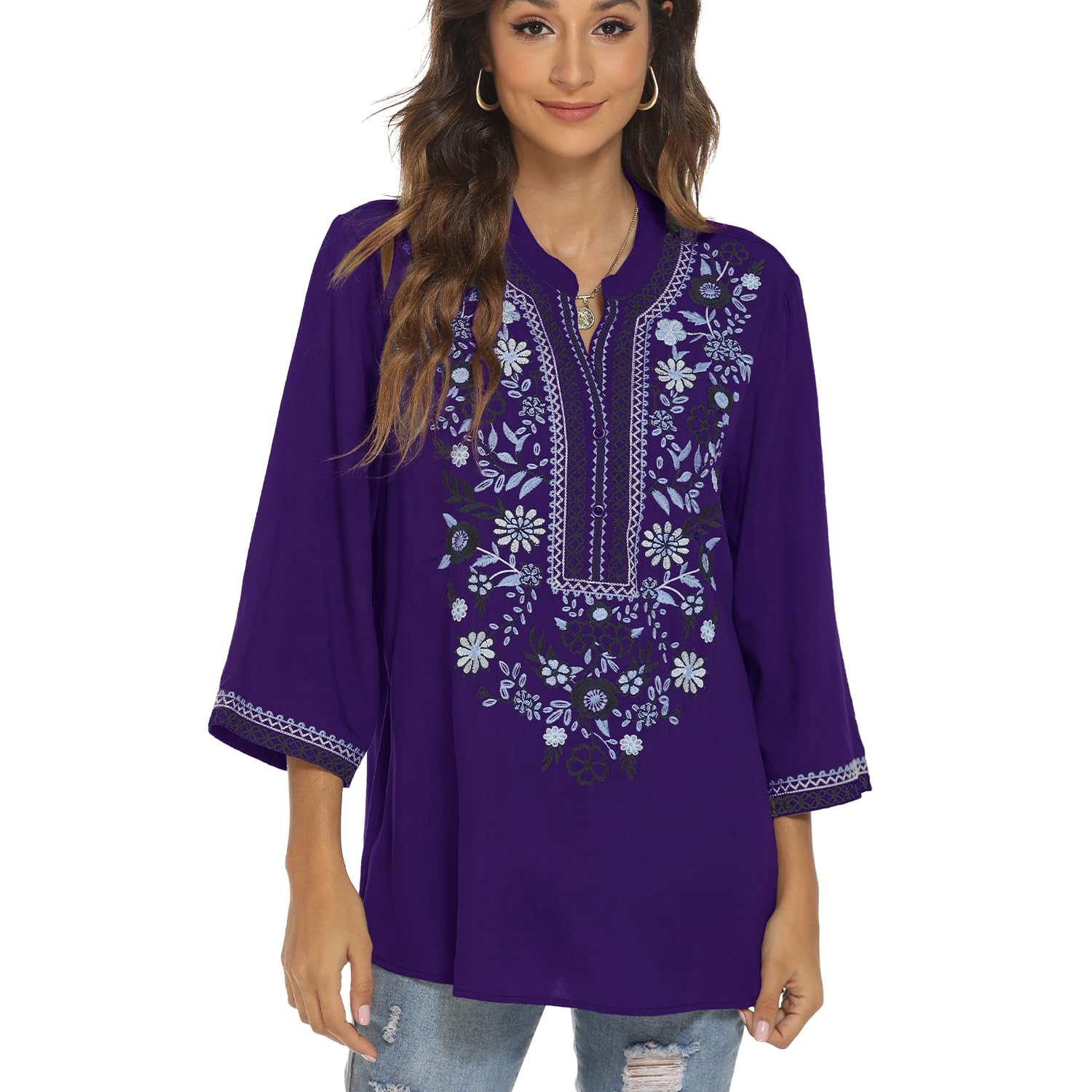 drakloak Damen Sommer Bluse Boho Stickerei Mexikanisch Tops V-Ausschnitt Shirt Kurzarm Boho Tunika Folklore Hippie Blusen