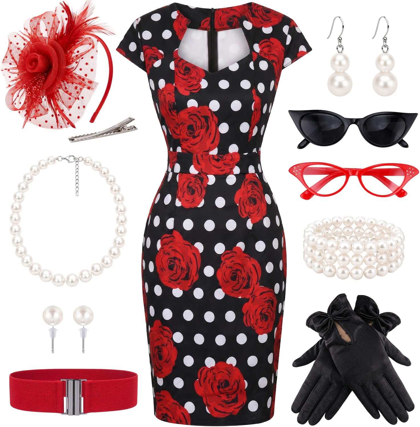 WILDPARTY 1950s Dresses for Women, Vintage Polka Dot Pencil Bodycon Cocktail Tea Party Dress with 10Pcs Accessories Set