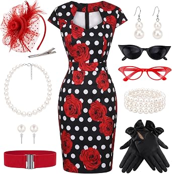 WILDPARTY 1950s Dresses for Women, Vintage Polka Dot Pencil Bodycon Cocktail Tea Party Dress with 10Pcs Accessories Set