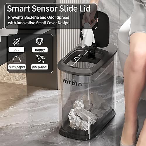 Miniatura 2 de MRBIN Cubo de basura de acero inoxidable con sensor de movimiento para baño, cesta de basura inteligente delgada de 10 l2.6 galones con tapa, cubo