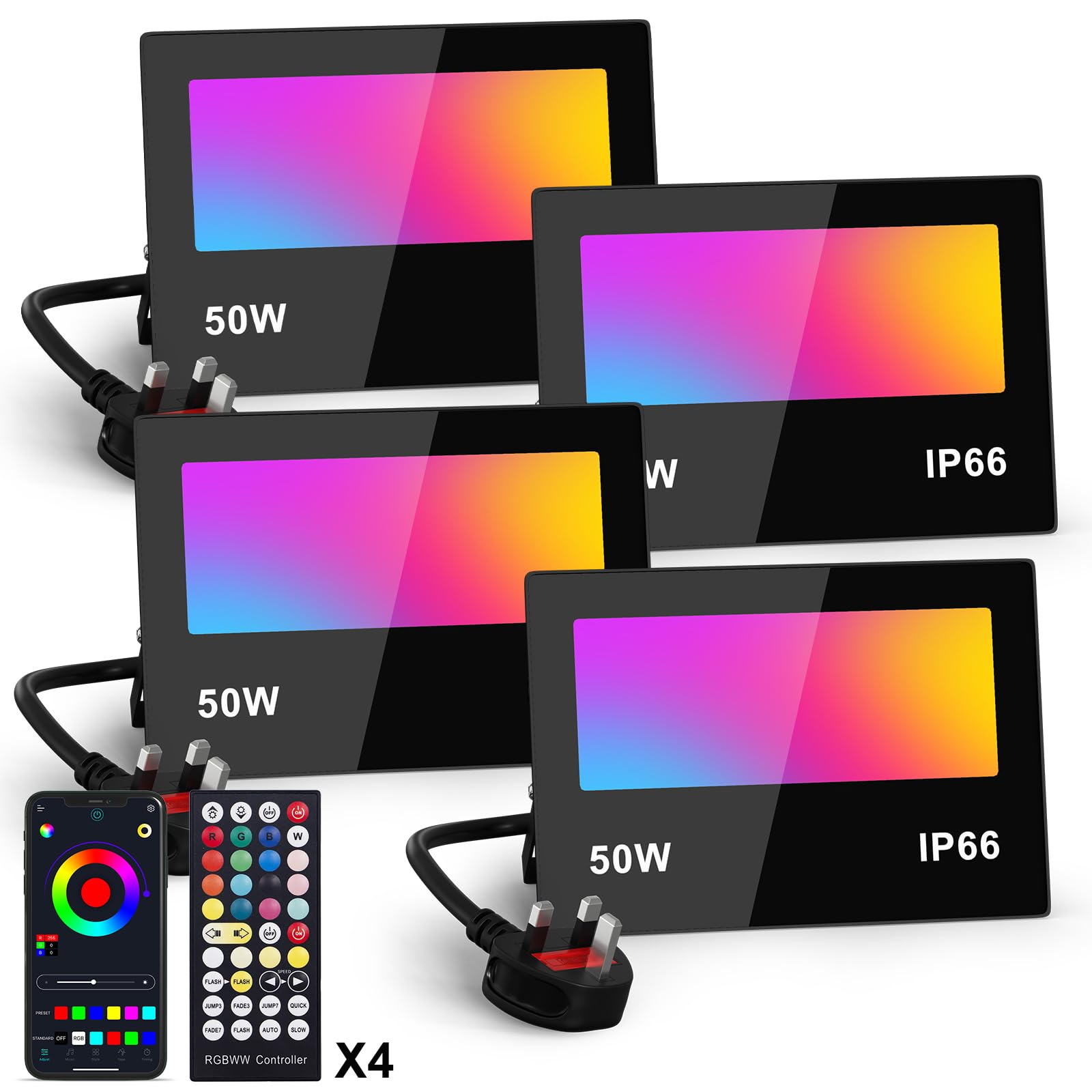 Flood Lights Outdoor 50W Smart RGB Colour Changing LED Floodlight with Remote & Bluetooth APP Control, Timing, Tunable, IP66 Waterproof Outdoor LED Lights for Garden Halloween, Christmas Decor-4 Pack