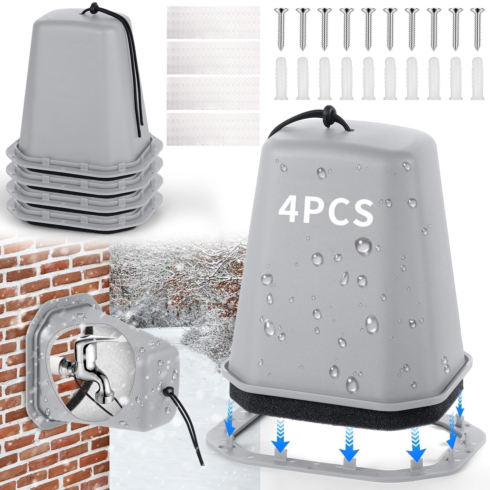 4 Pcs 2 in 1 Extra Long Pet Proof Outdoor Faucet Covers Winter w/Lock 8.5x7x5.5 in Thick Foam Plastic Spigot Cover Reflective Strips Faucet Cover for Outside Water Faucet Freeze Protection (Gray)