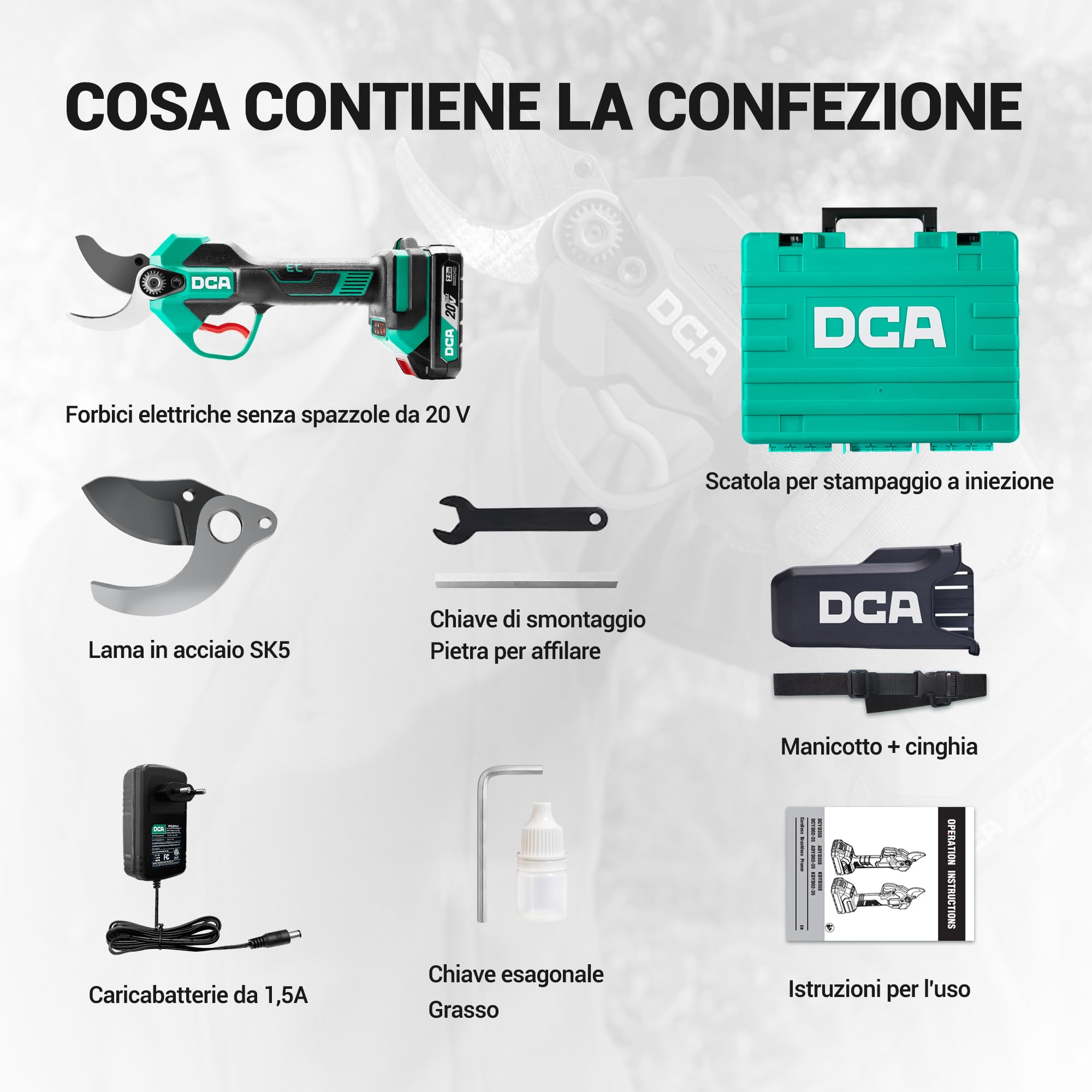 DCA Forbici Portatili a Batteria 20V, max 35mm Brushless Cesoie Potatura Elettriche con 2,0Ah batteria, Lama SK5 Forbice Elettrica con custodia di sicurezza portatile per Frutteto Parco Fattoria Olivo