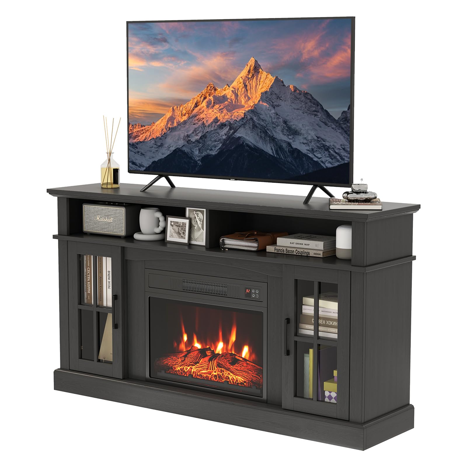 SIMOE Fireplace TV Stand up to 40'' 65'' TV, 58 inch Electric Fireplace TV, Entertainment Center with 2 Cabinets and Remote Control, 6H Timer and 3