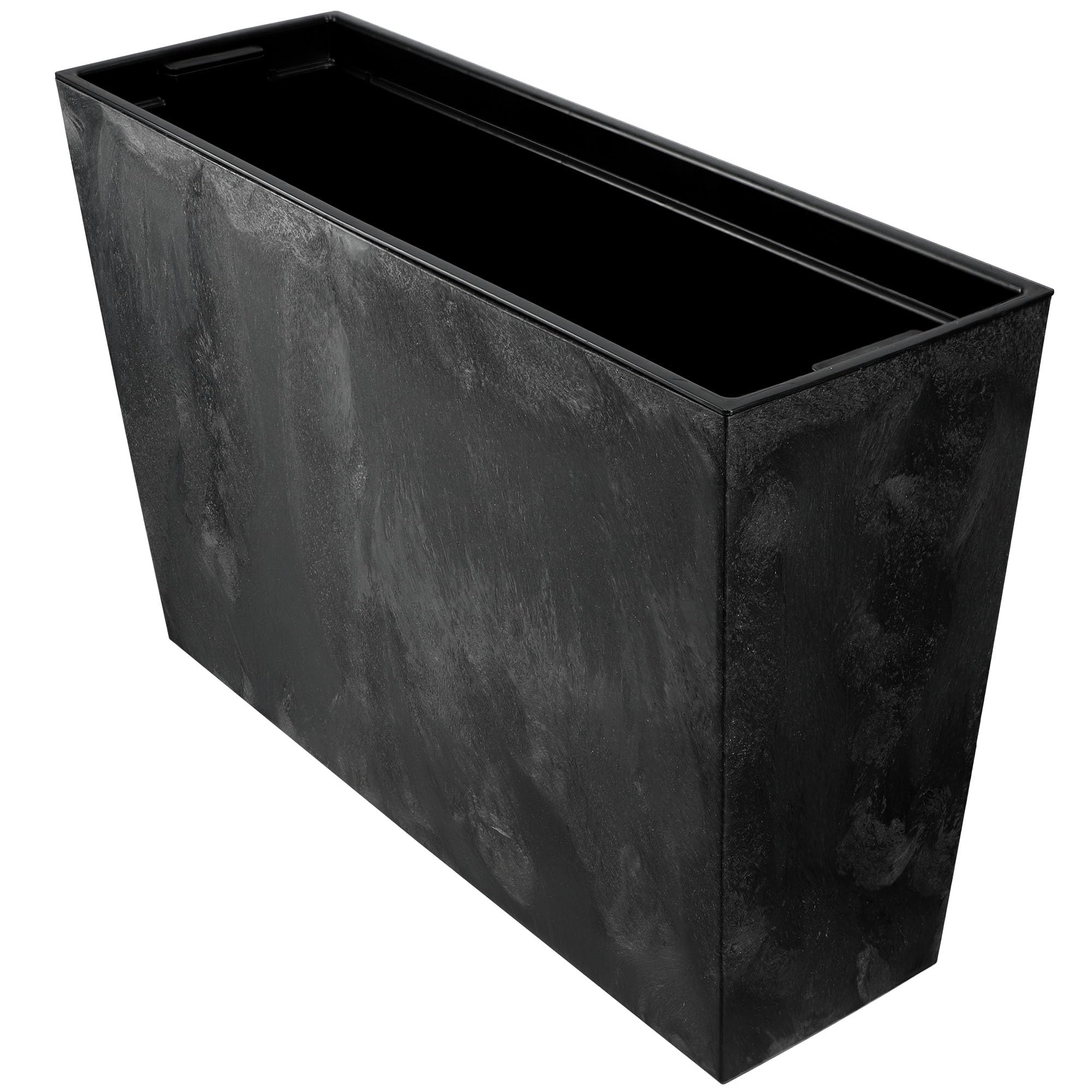 KADAX Blumenkasten aus Kunststoff, 18,5x55,7cm, 5 Farben, Blumentopf mit Bewässerungsbändern, Balkonkasten mit Einsatz, Pflanzkasten für Außen, Blumenkubel (Schwarz, Rechteckig Betonmuster)