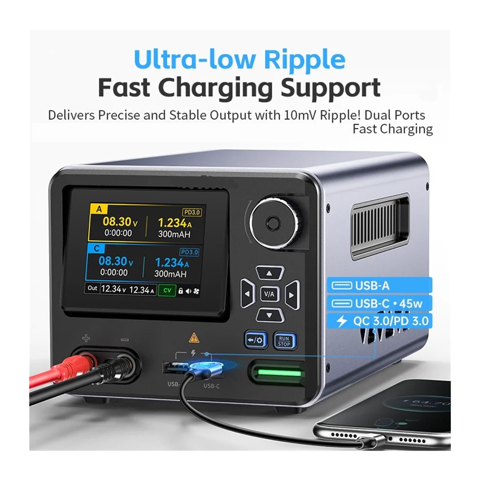 IPS3608, misuratore di test da banco di precisione, uscita 36 V 8 A 285 W, supporta PD3.0/QC3.0 tramite USB-A/C, protezione sicura 8 volte, alimentazione CC regolabile