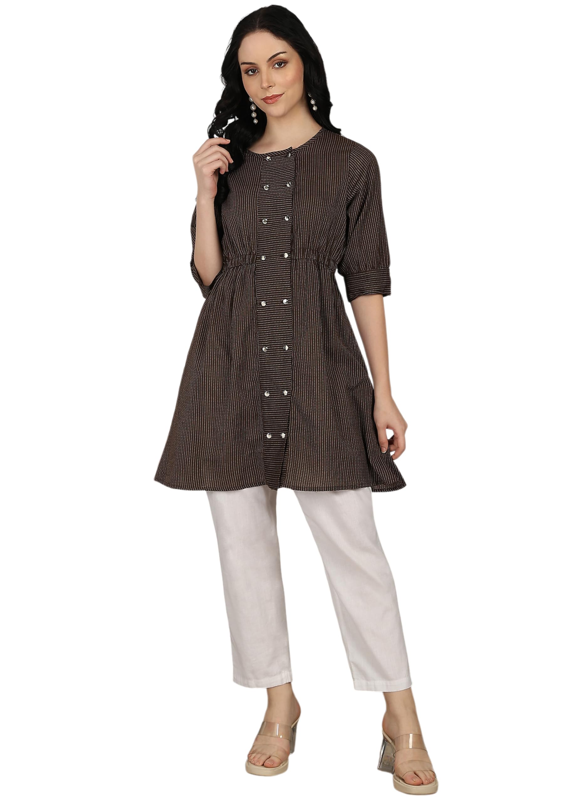Yash Gallery Women's Cotton Straight Fit Straight Kantha Striped Printed 3/4 Sleeve Round Neck Short Kurta Tops