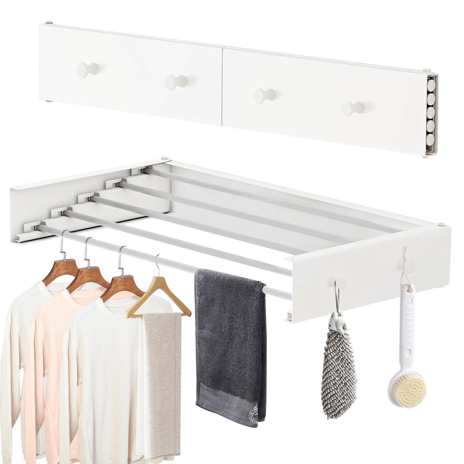 Wandmontierter Wäscheständer, zusammenklappbarer Wäscheständer, 5 Stangen, 4 Haken, 25 kg Kapazität, für Innen- und Außenbereich, Wohnheim, Bad, Wäscheständer