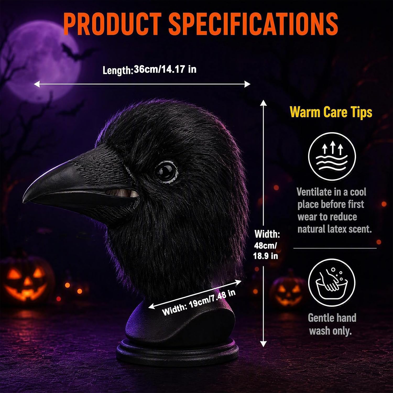 Black Crow Mask, Synthetic Fur Realistic Bird Mask for Adults