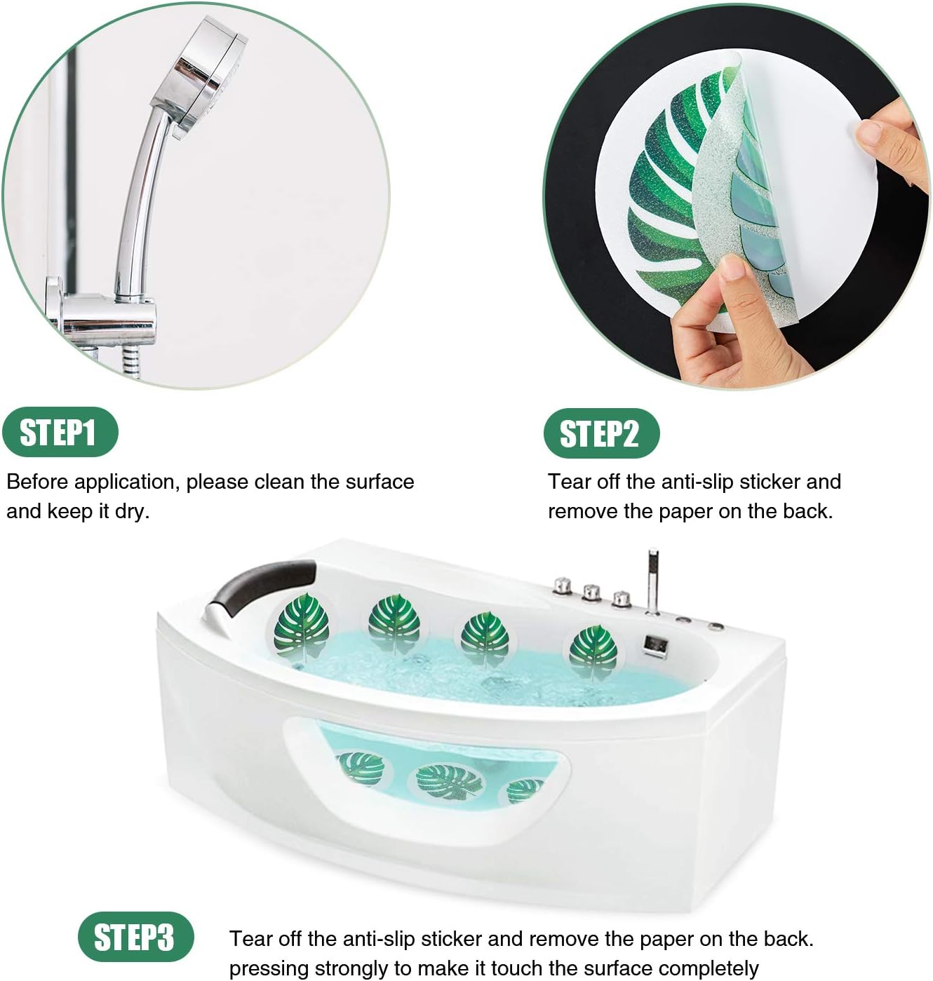 Secopad Leaf Non Slip Bathtub Stickers with Scraper, 10PCS, Green | Original Large Anti-Slip Treads, Comfortable PEVA Material, Strong Adhesive, Easy to Use, For Bath Tubs, Showers & Stairs