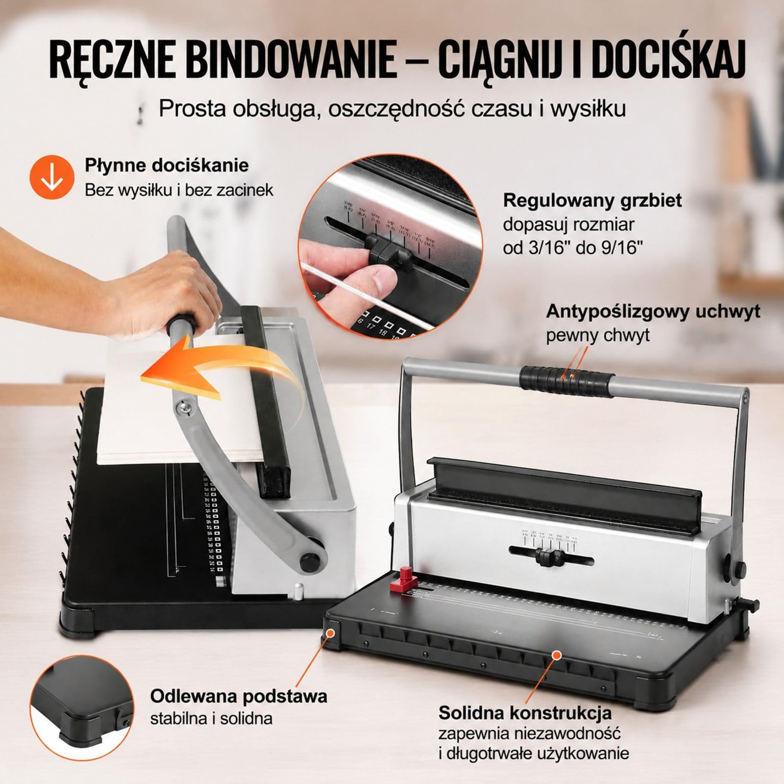 Ręczna bindownica spiralna, 34 otwory, dziurkowanie 120 arkuszy, regulowany grzbiet i margines do Letter, A4, A5