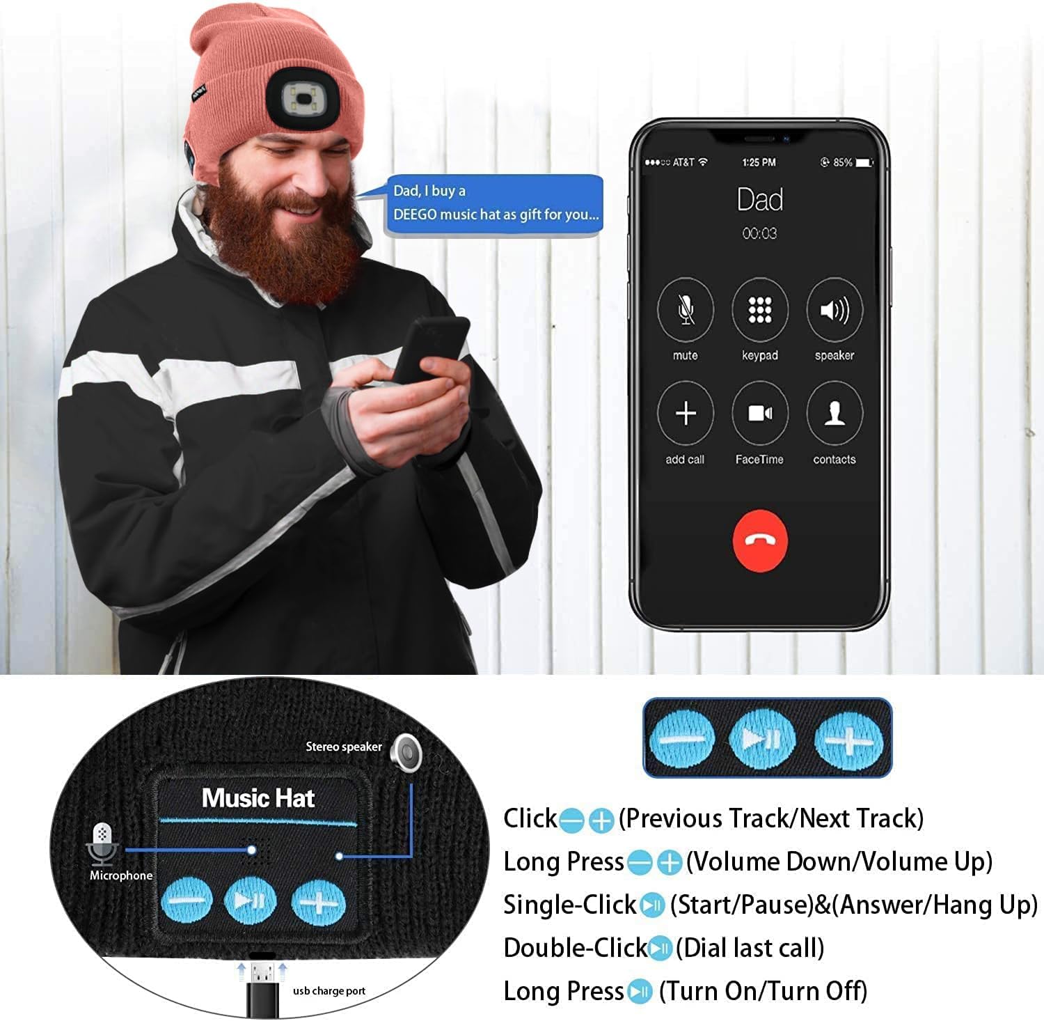 ATNKE LED Lighted Bluetooth Beanie Hat,USB Rechargeable 4 LED Wireless Music Running Headlamp Cap Gift for Men and Women