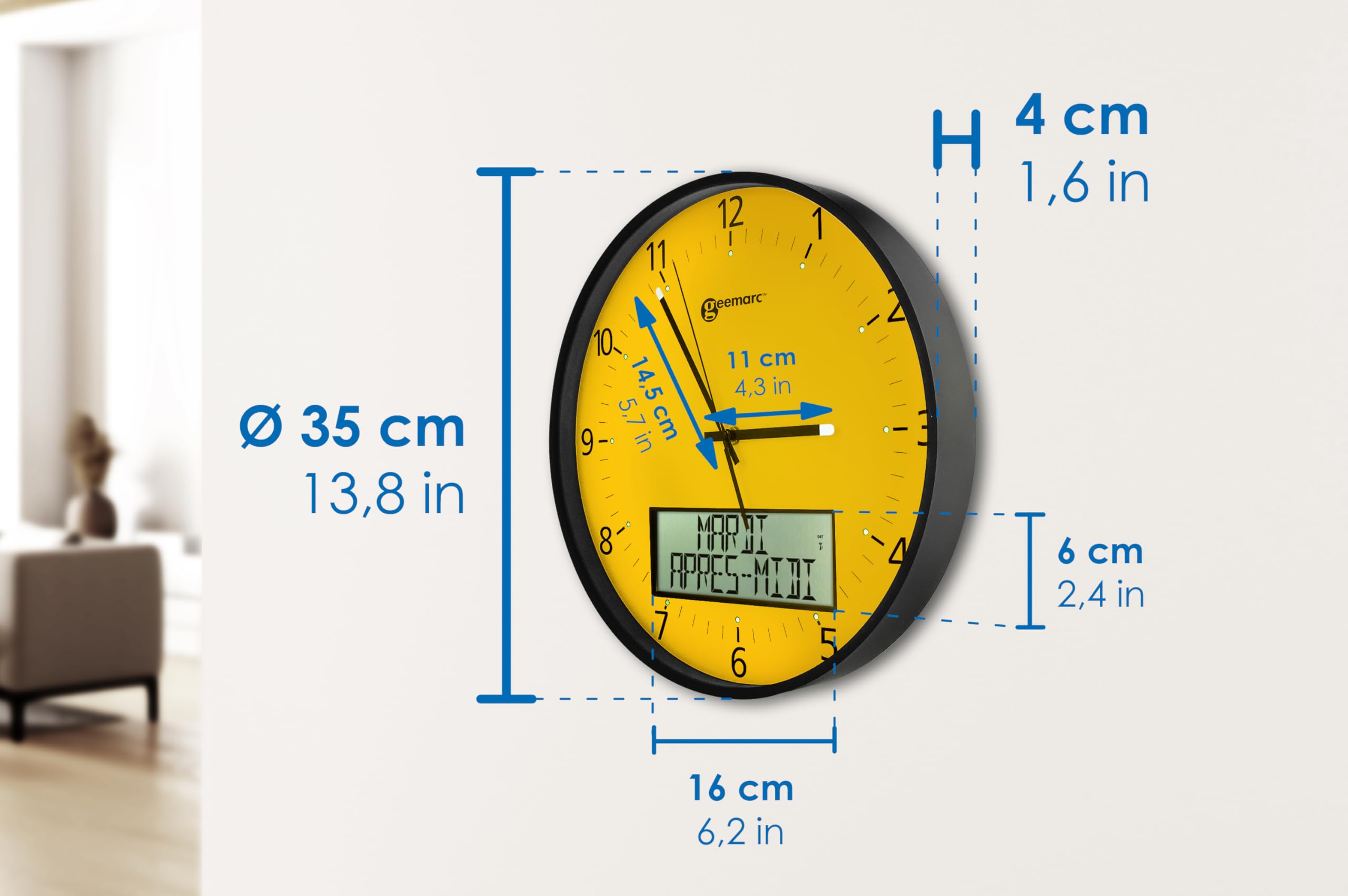 Geemarc Große analoge Wanduhr mit ewigem Kalender – Die Viso 60 stellt Sich selbst auf die richtige Uhrzeit EIN – Starker Farbkontrast für Sehbehinderte und Senioren – Gelb