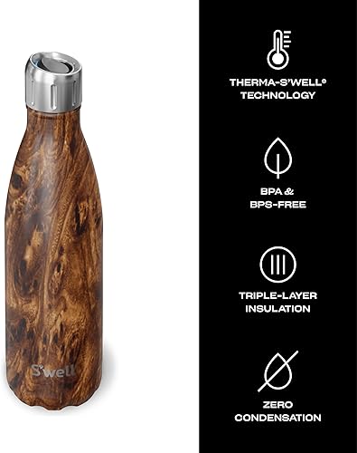 Miniatura 3 de S'well Botella de agua de acero inoxidable con tapa deportiva de 17 onzas líquidas de madera de teca de triple capa con aislamiento al vacío