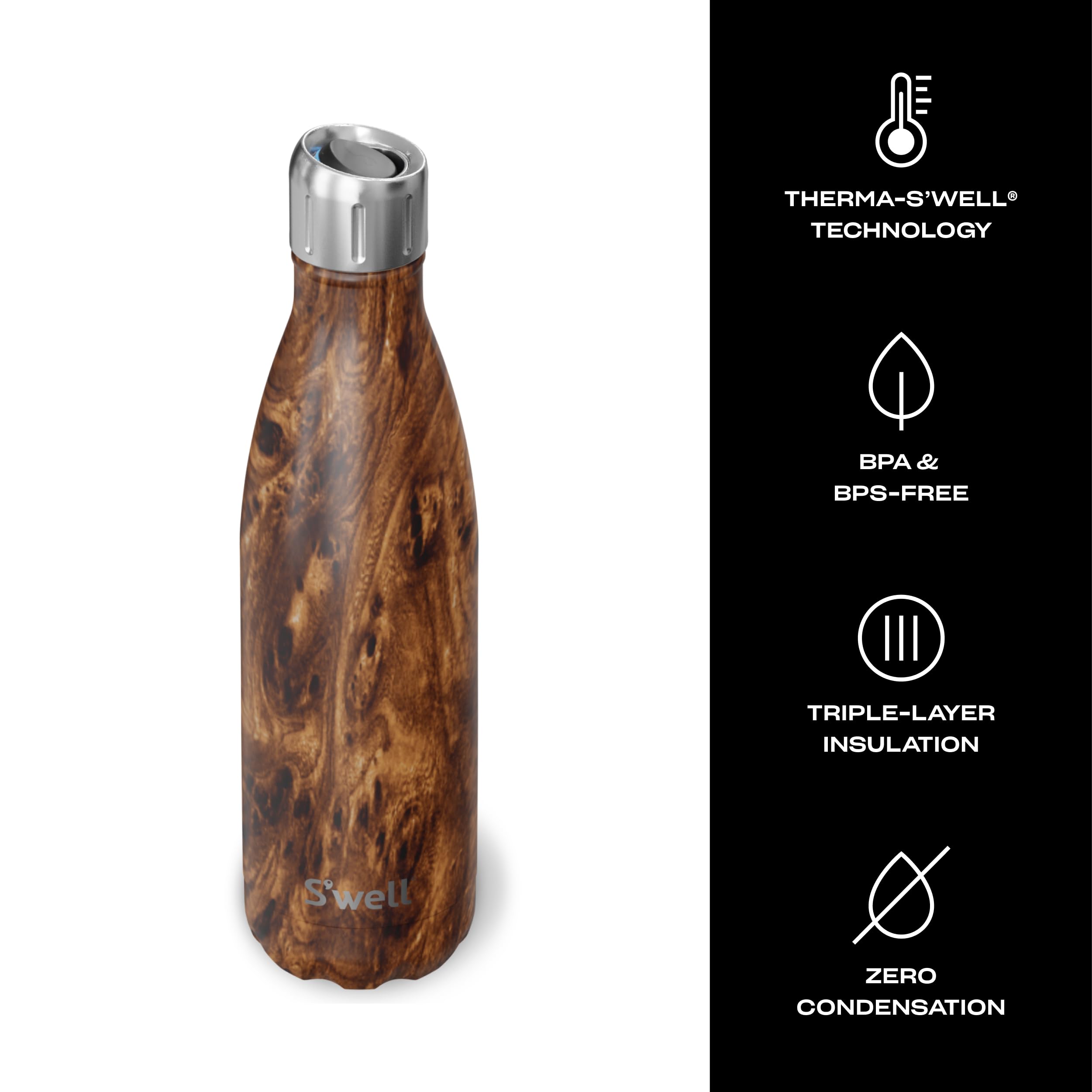 S'well Botella de agua de acero inoxidable con tapa deportiva de 17 onzas líquidas, de madera de teca, triple capa, aisladas al vacío, mantiene las bebidas frías durante 36 horas y calientes durante