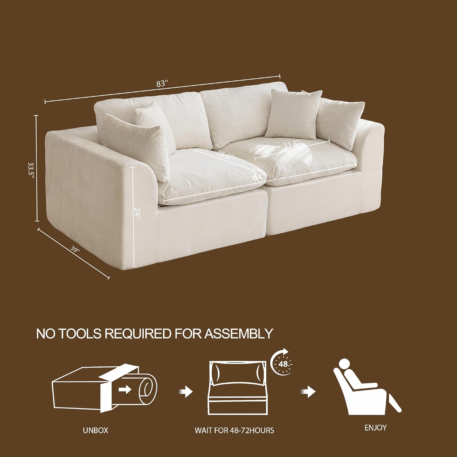 83'' Cloud Sectional Couches for Living Room, Modern L-Shape Boneless Sofa, Oversized Convertible 2 Seater Modular Couches, Warm White