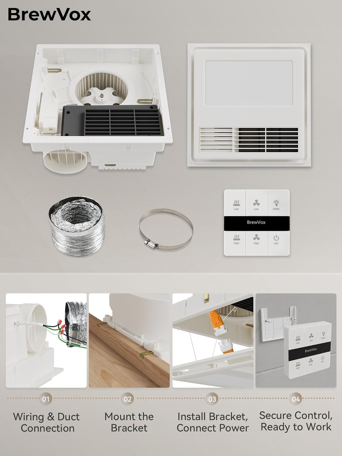 Bathroom Exhaust Fan with Heater and Light, 80-110 CFM Adjustable Ventilation Fan, 1600W 2-Level Instant Heater, 3-Color LED Light with Memory Function