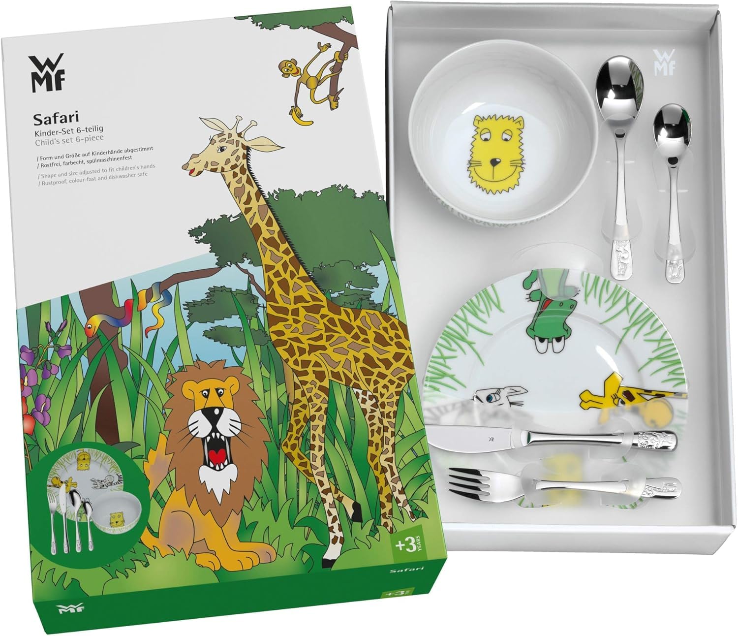 WMF Safari Set di stoviglie per bambini 6 pezzi con incisione – piatti personalizzati con nome – regalo per battesimo, nascita o compleanno da 3 anni
