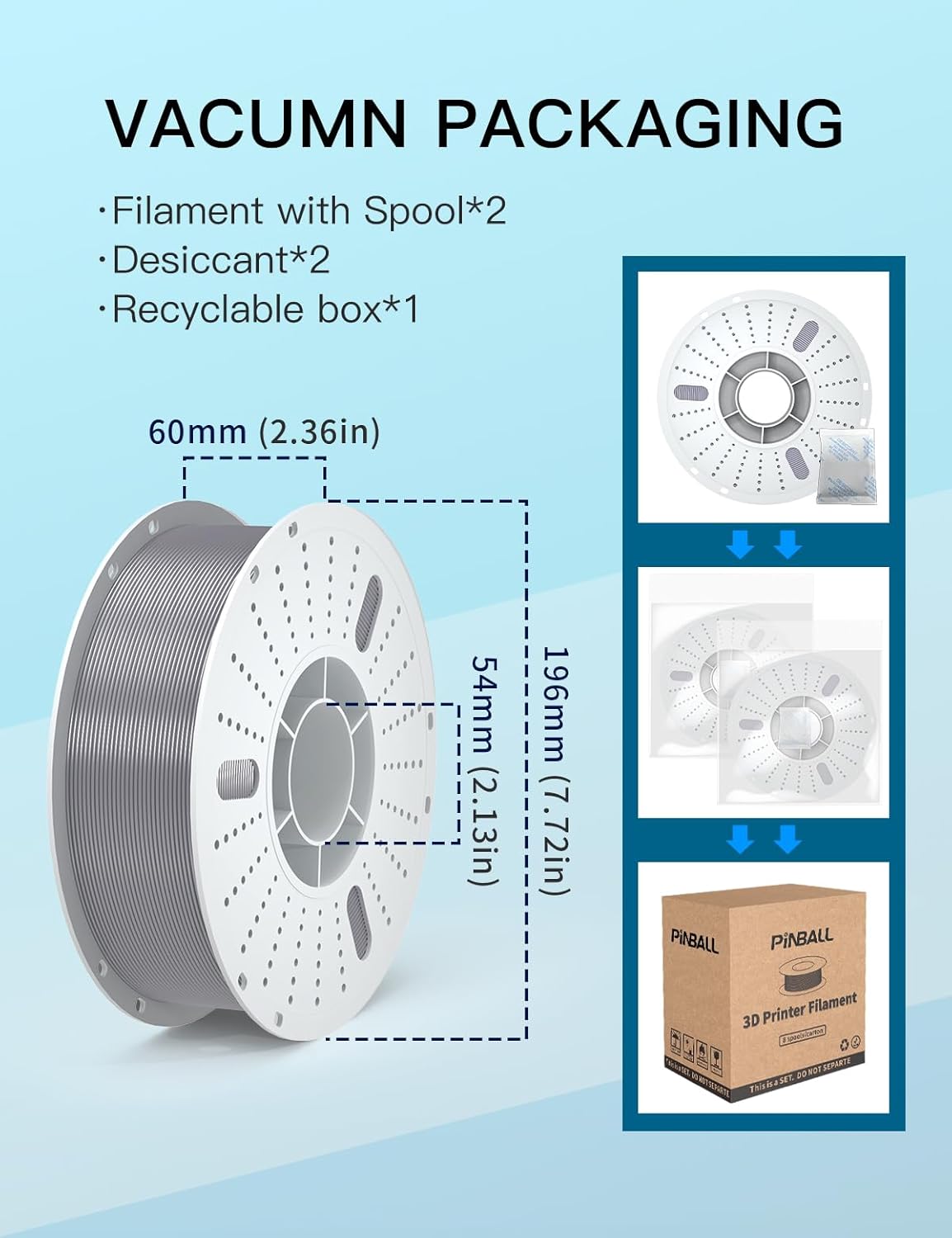 PINBALL PETG 3D Printer Filament 1.75mm High Precision Durable Moisture-Proof Strong Filament Mith Better Flow Dimensional Accuracy +/- 0.02mm Suitable for Most FDM 3D Printers 2 Kilograms Silver