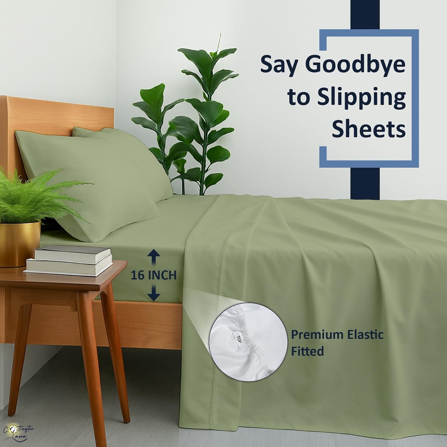 Cottington Lane 100% Cotton Queen Sheet Set, 4 Piece Sage Luxury Hotel Quality Sheets, Deep Pocket Fits 8-16 Inch Mattress, Soft, Durable, Cooling & Breathable Bedding for Queen Bed - Image 4