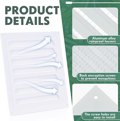 Miniatura 3 de Yaocom 2 rejillas de ventilación de aluminio a dos aguas blancas para pared de cobertizo de metal con malla de malla cuadrada, rejilla de