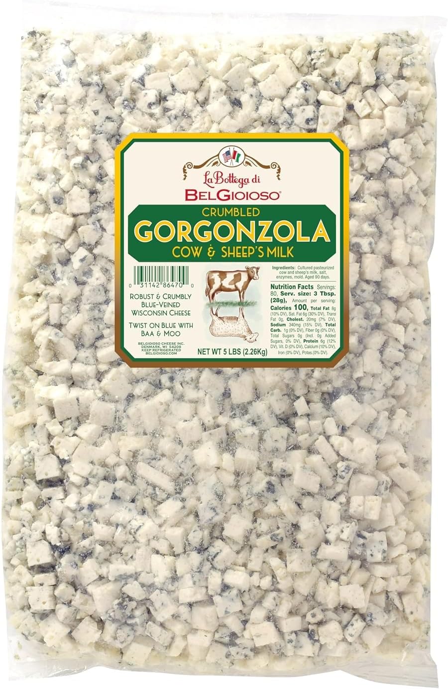 Crumbled Gorgonzola Cheese with Sheep Milk 5 Lb. Bag