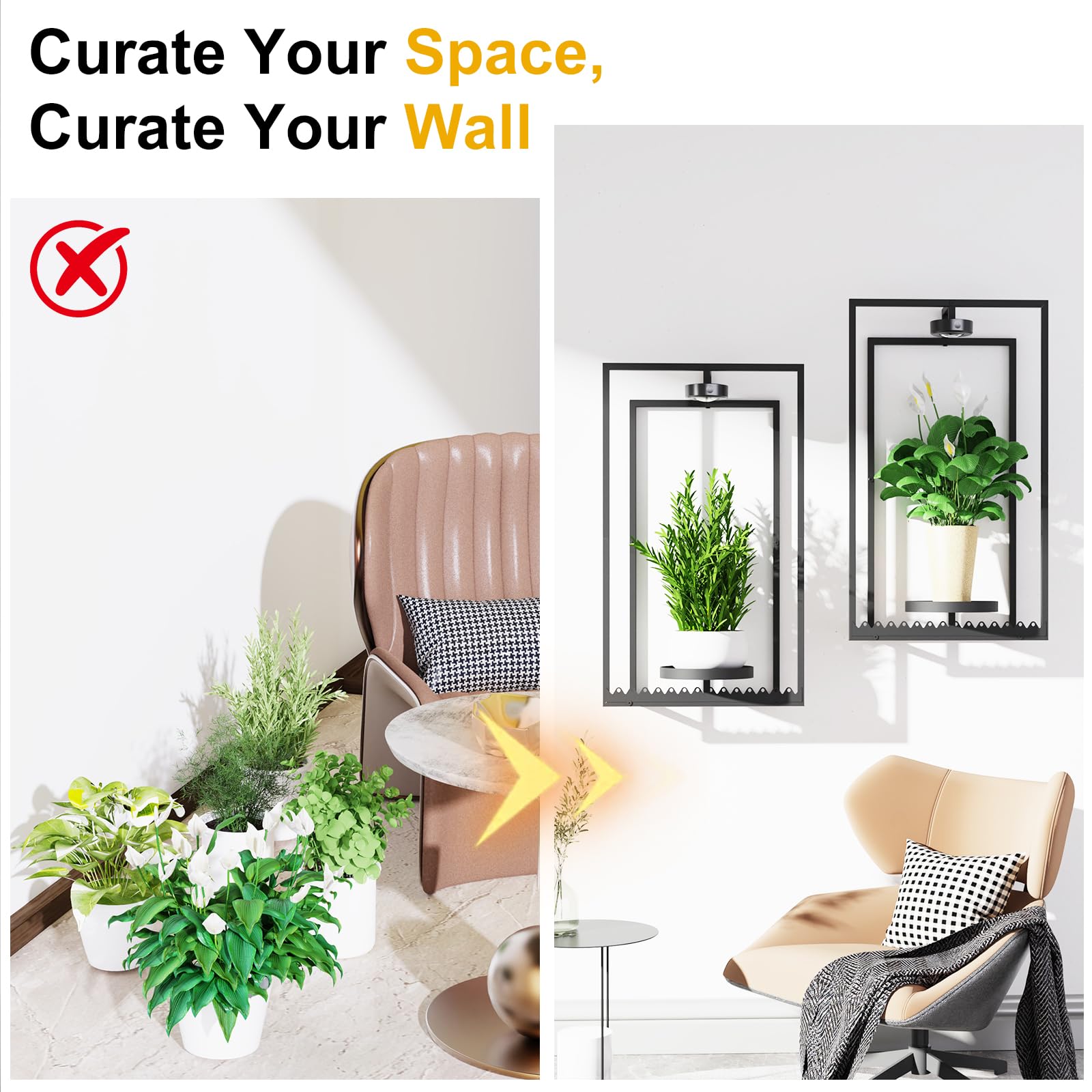 Starxing Pflanzenständer Pflanzenhalter Wand 2 Set, Wandregal für Pflanzen mit Metallrahmen und Fernbedienung, Bilderrahmendeko Blumentopf Wandhalterung mit Wachstumslicht für Wohnzimmer (2, Groß)