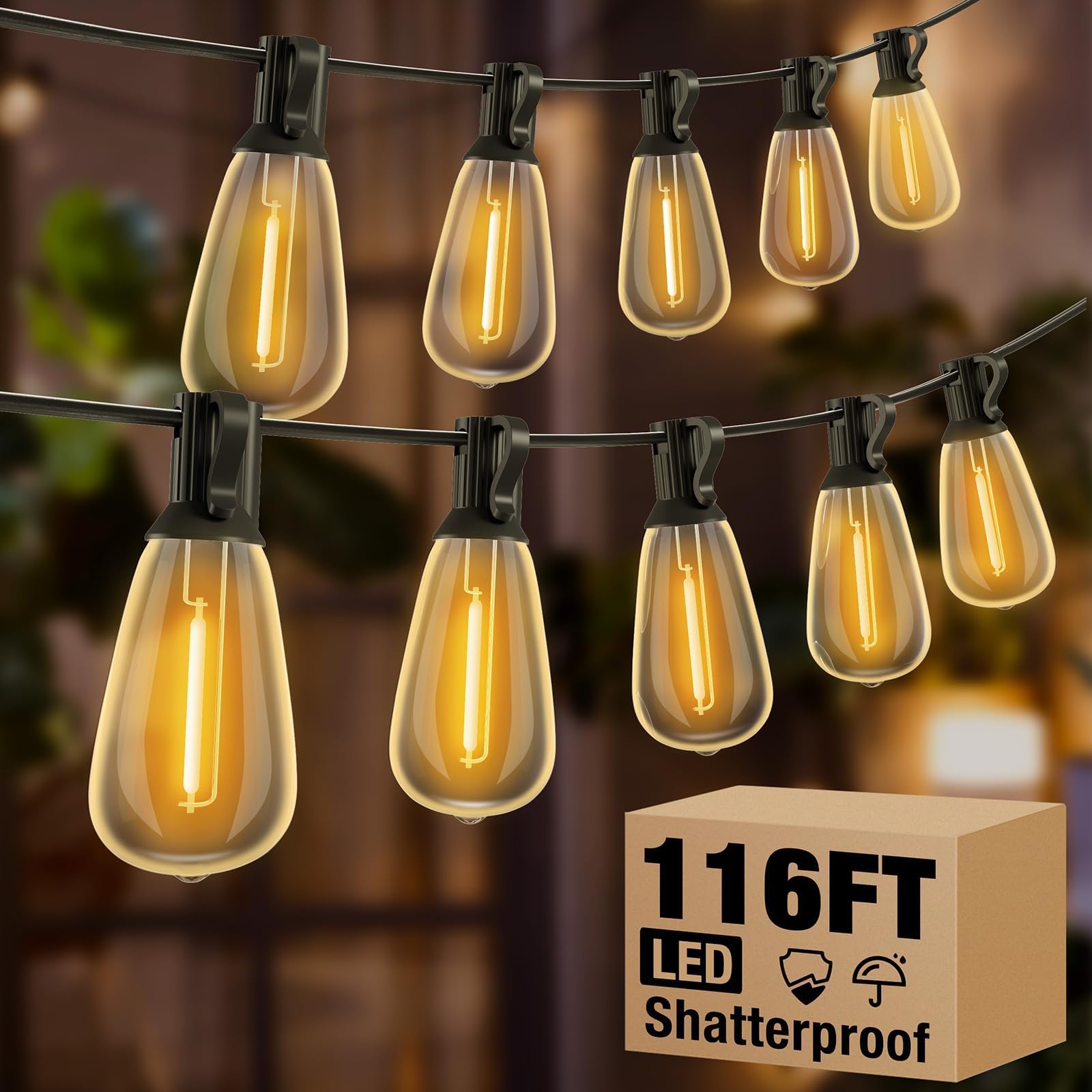 litogo 116FT String Lights for Outside - LED Outdoor String Lights with 38+2 Shatterproof Vintage Edison Bulbs, 5 Lighting Mode Hanging Light for Christmas Backyard Fence Patry Bistro - Warm White
