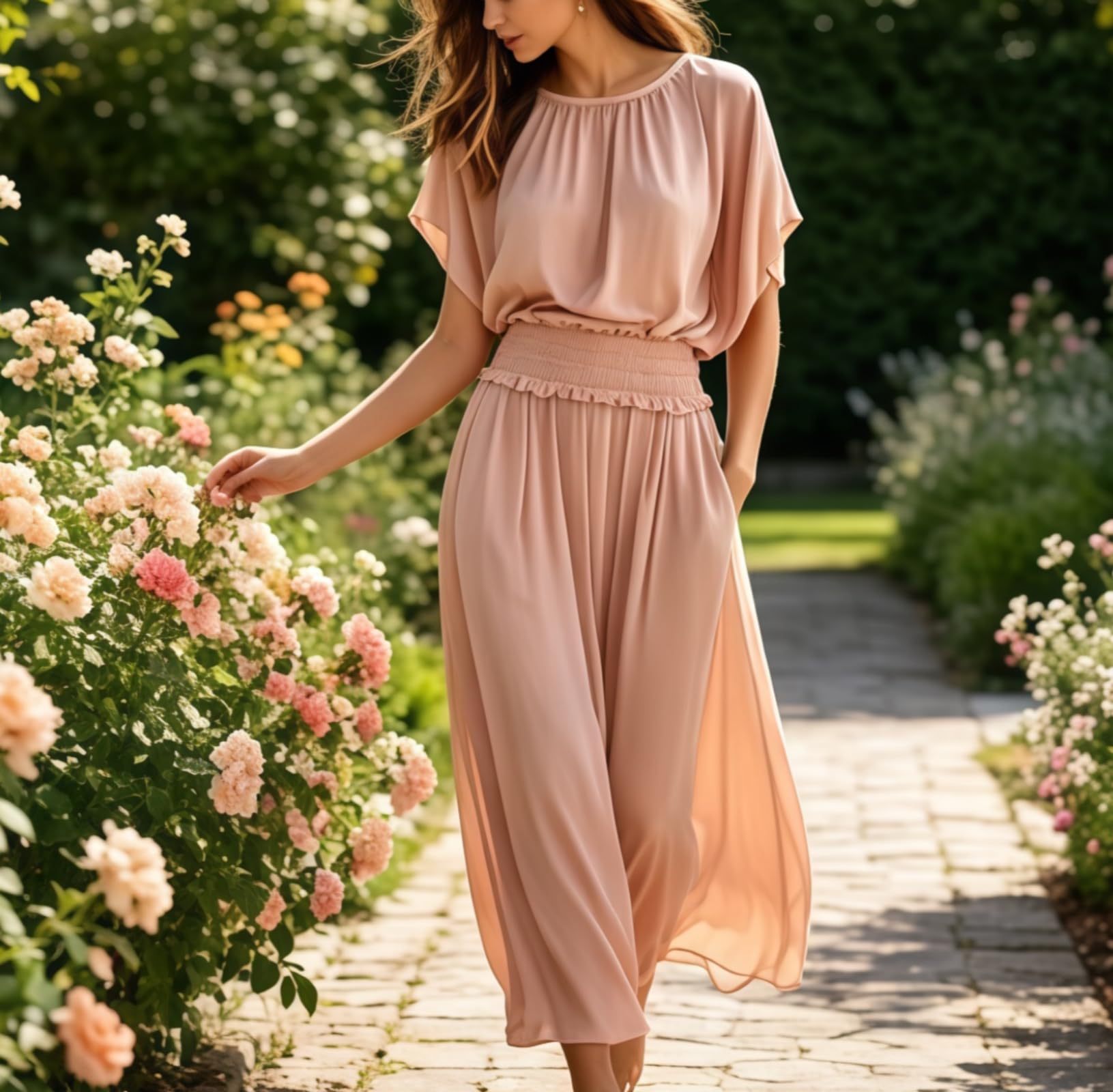 Générique Robe Longue élégante et sophistiquée pour Femme, cintrée à la Taille, froncée, Manches Chauve-Souris, Volants, Taille Haute, Coupe trapèze, Fluide, avec Poches