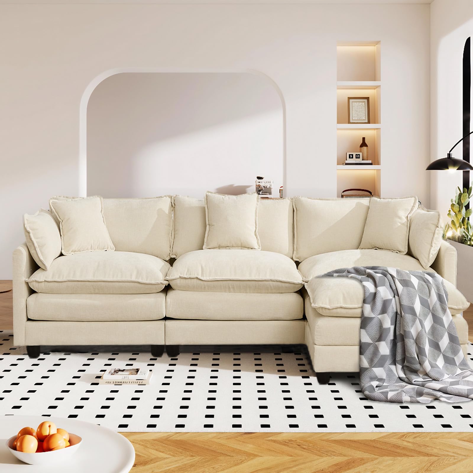 SoarFlash Sofá Moderno con reposabrazos, Tejido Chenilla, Cojines de Doble Relleno, Ideal para salón/Dormitorio/apartamento, sofá de 3 plazas en Forma L, Color Beige