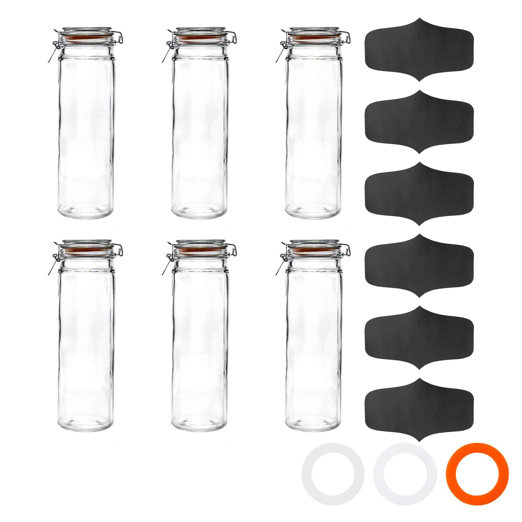 Argon Tableware Orange Glass Jars With Airtight Metal Clip Lid And Labels - 2000Ml/70.3Oz - 6 Pack - 4 Colour Seals - Extra Large Storage Container Round Preserving Jar For Pasta, Spaghetti