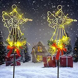 YHSOLAR Estacas de quintal de Natal com LEDs cintilantes e laço vermelho, decorações externas de anjo de Natal para jardim caminho gramado, decorações de quintal de Natal, conjunto de 2