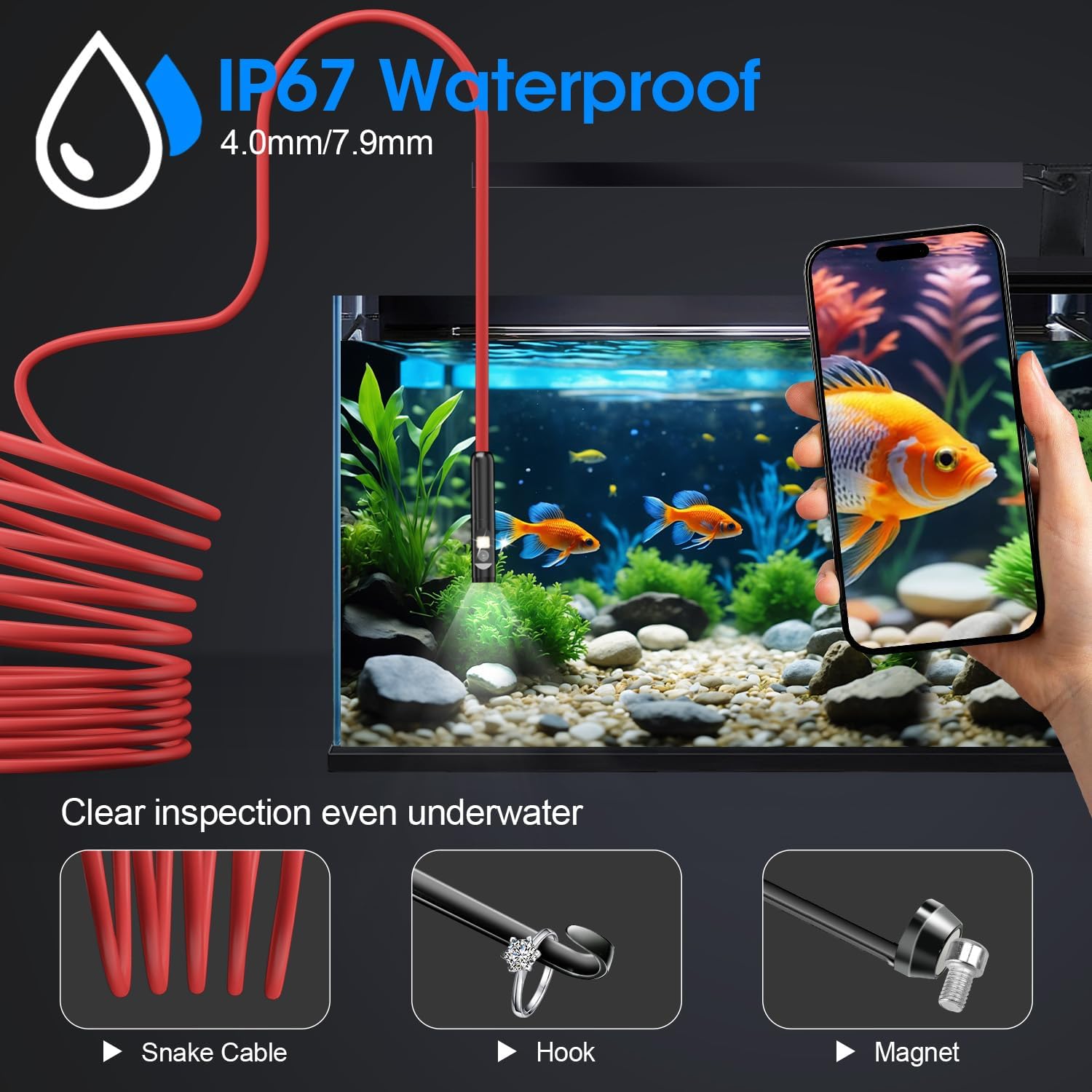 Endoscope with Light, 1920P HD Borescope with 8 Adjustable LED Lights, 32.8FT Semi-Rigid Snake Camera, IP67 Waterproof Inspection Tool for iPhone & Android - Dual Lens (Red)