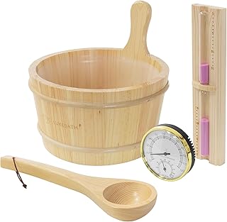 LuxeBath Saunazubehör-Set aus massivem Kiefernholz, Sauna Set 4-teilig, Aufgusskübel & Kelle, Thermometer-Hygrometer & 15min. Sanduhr, Saunaeimer 4,5L mit Kunststoffeinsatz, Langlebiges Sauna Zubehör