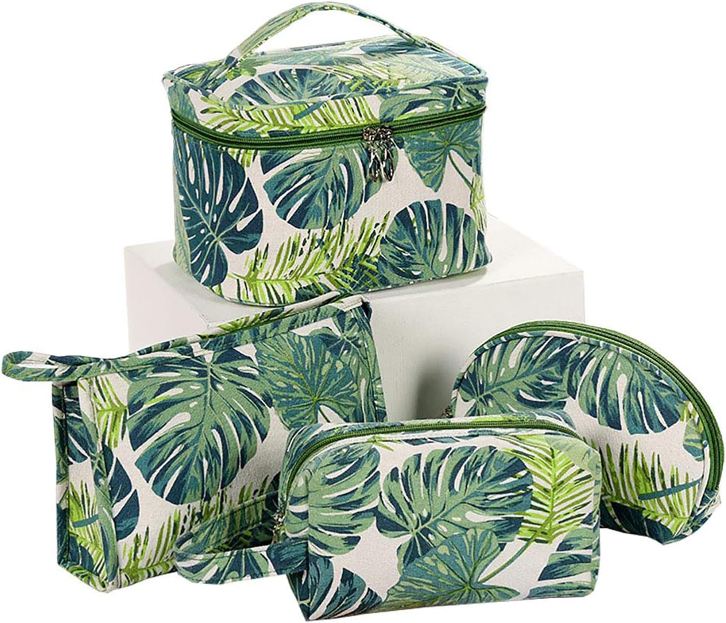 Makeup Bag Tropical Canvas Cosmetic Bags Travel Toiletries Storage Pouch Clutch Purse for Women (Birch Pack of 4 ABCD)