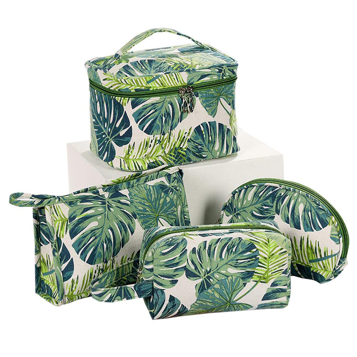 House of Quirk Makeup Bag Tropical Canvas Cosmetic Bags Travel Toiletries Storage Pouch Clutch Purse for Women (Birch Pack of 4 ABCD)